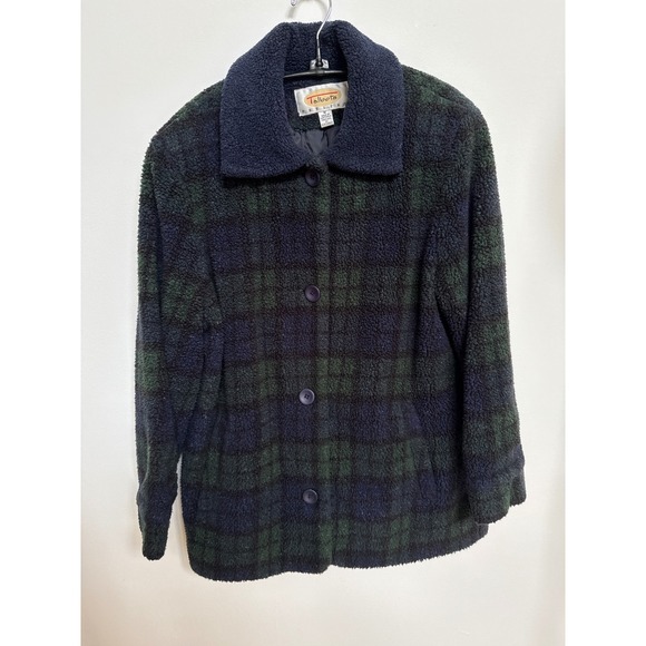 Talbots Navy Blue Hunter Green Checked Fuzzy Shacket‎ Coat Women's Petite Medium - Picture 5 of 5
